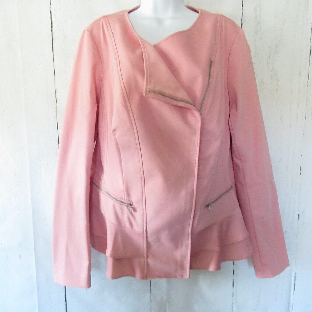 New $89 Lane Bryant Moto Jacket 14 Pink Ruffle Zipper Pockets Plus Size